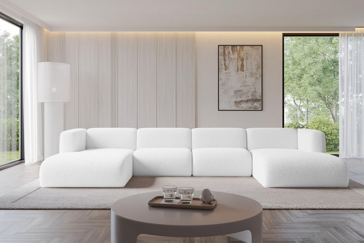 WOHNLANDSCHAFT MIRA-U2 408x179x70 Weiß Bouclé - Schwarz/Weiß, Holzwerkstoff/Kunststoff (408/70/179cm) - ALTDECOR