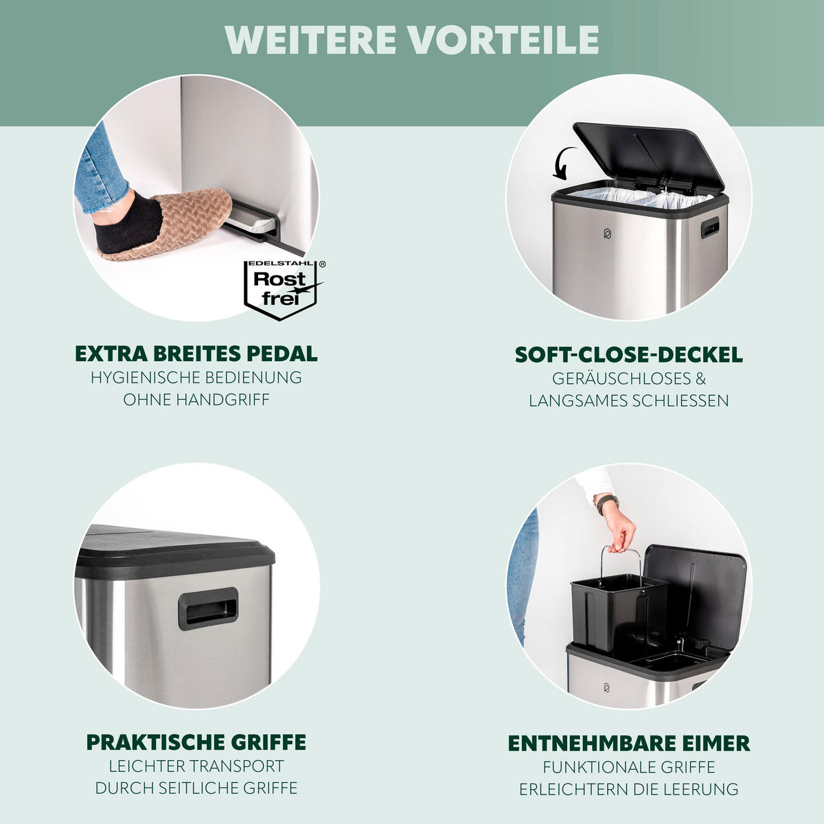 ABFALLEIMER je 15 Liter, silber - Edelstahlfarben, Metall (42.5/50/33.5cm) - eluno