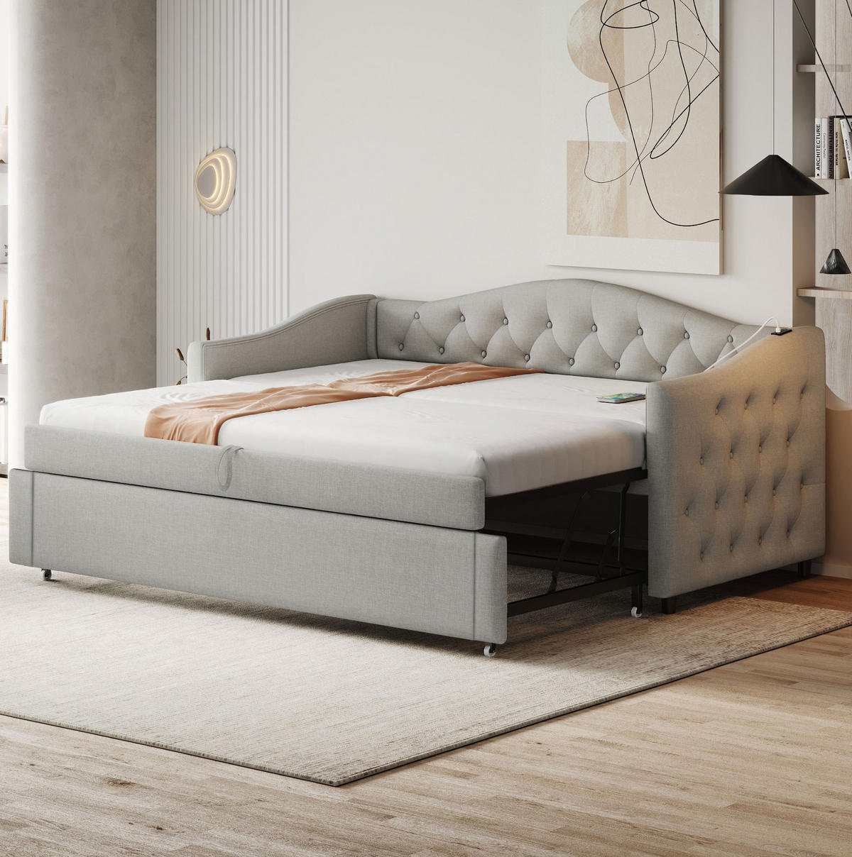 POLSTERBETT 90/200 cm Grau aus Leinen mit USB-Anschluss - Grau, Textil (90/200cm) - OKMYHOME