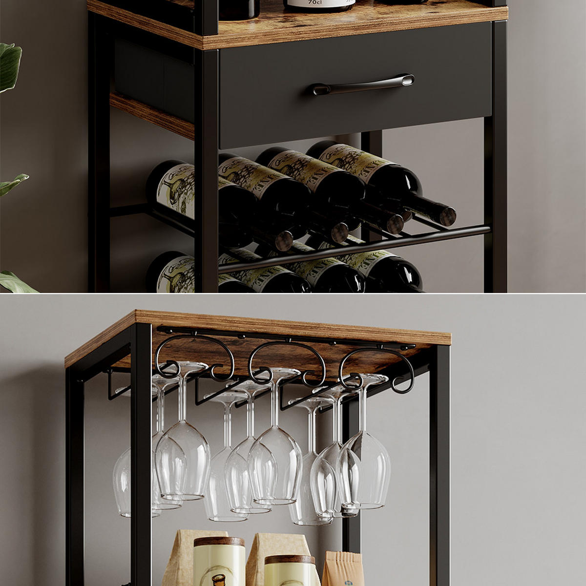 WEINREGAL Porto Eiche rustikal 40 x 147.5 cm mit Schublade - Wildeiche/Schwarz, Holzwerkstoff (40/147.5/30cm) - Vicco