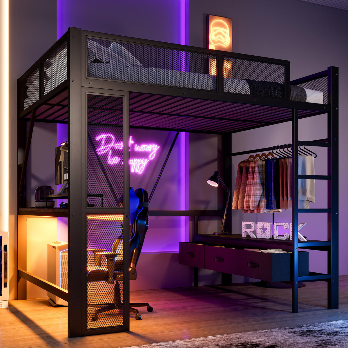 HOCHBETT 140/200 cm schwarz aus Metall mit LED und Schreibtisch - Schwarz, Holzwerkstoff (140/200cm) - OKWISH