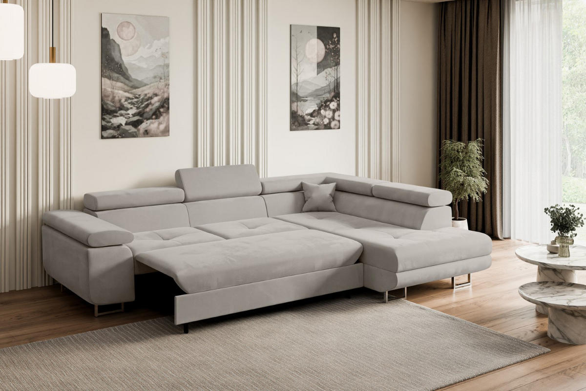 ECKSOFA mit Schlaffunktion und Bettkasten GUSA-L 272x202x107 cm Hellbraun Velours - Hellbraun/Silberfarben, Holzwerkstoff/Textil (272/202cm) - ALTDECOR