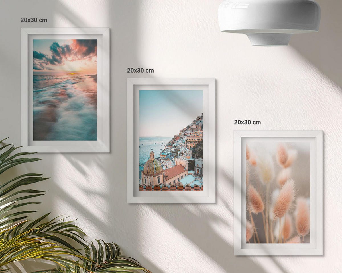 BILDER SET 3er Set - 20x30 cm Weißer Rahmen - Sonnenuntergang am Meer, Häuser, Blumen - Weiß, Kunststoff (20/30cm) - TULUP
