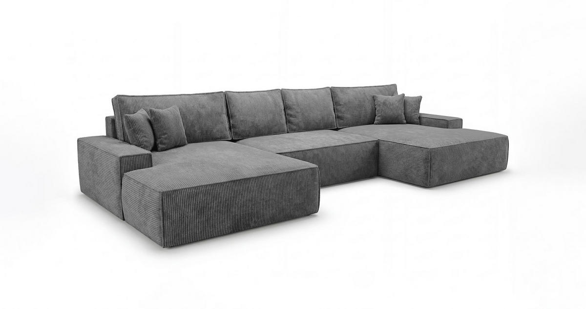 WOHNLANDSCHAFT VERONA U-Form dunkelgrau Cord Poso 60 - Schlaffunktion, Bettkasten - Anthrazit, Textil (385/86/185cm) - Cornero
