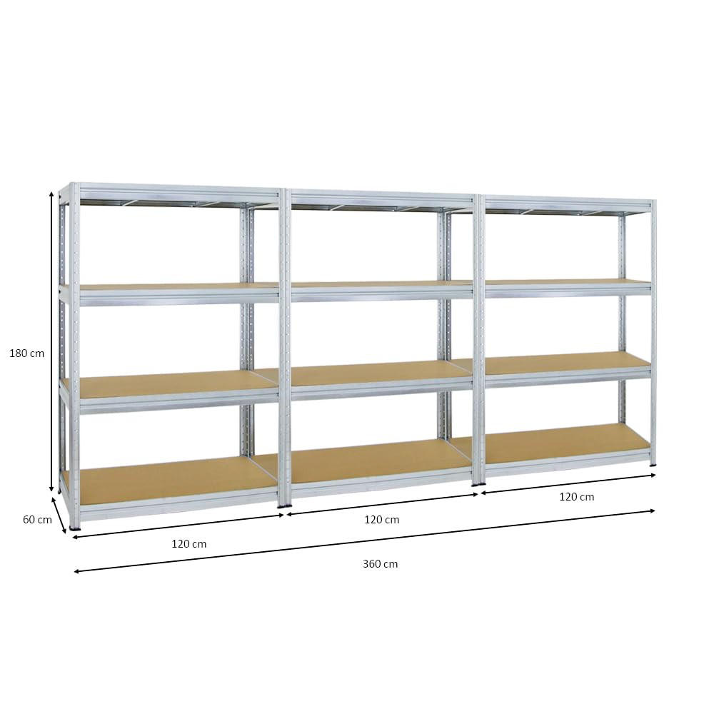 SCHWERLASTREGAL Dino 3er-Set mit 3x 180x120x60 cm Fachlast 600 kg Verzinkt - Silberfarben, Metall (360/180/60cm) - PROREGAL
