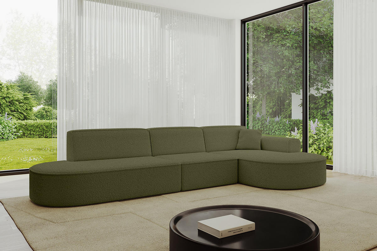 ECKSOFA Ottomane Rechts MARI-L2 - 317x163x73,5 cm Grün Bouclé - Schwarz/Grün, Holzwerkstoff/Kunststoff (317/163cm) - ALTDECOR