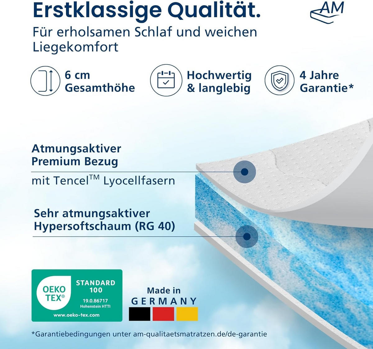 HYPERMĚKKÝ TOPPER 160/200 cm - výška 6 cm a potah z tencelu - bílá, textil (160/200cm) - AM Qualitätsmatratzen