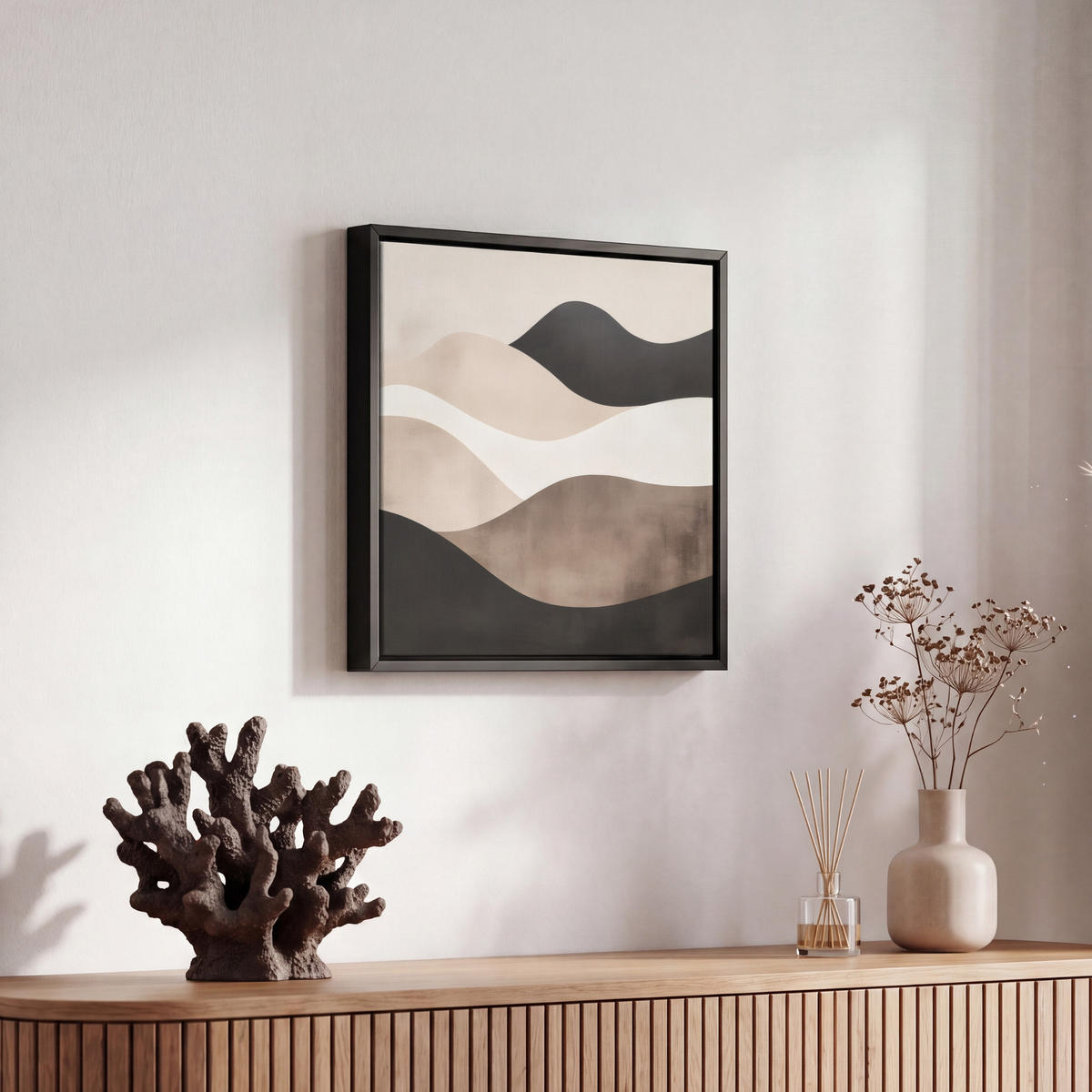 LEINWAND Bilder mit Rahmen - Abstrakt - Landschaft - Wellen - Cremefarben - 20x20 - Cappuccino, Textil (20/20cm) - MuchoWow