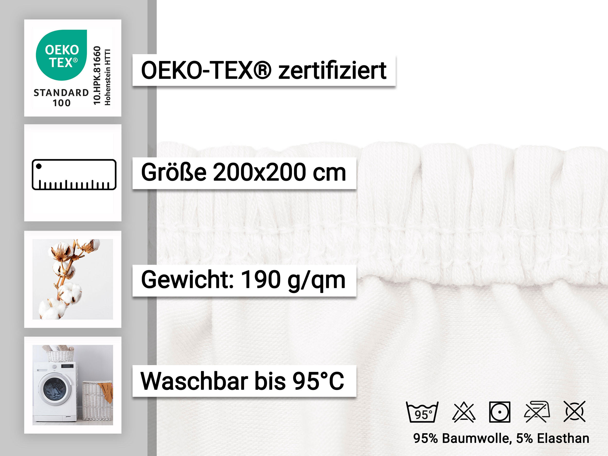 SPANNBETTLAKEN, 200x200 cm, 95% Baumwolle, 5% Elastan, Weiß - Weiß, Textil (200/200cm) - Zollner