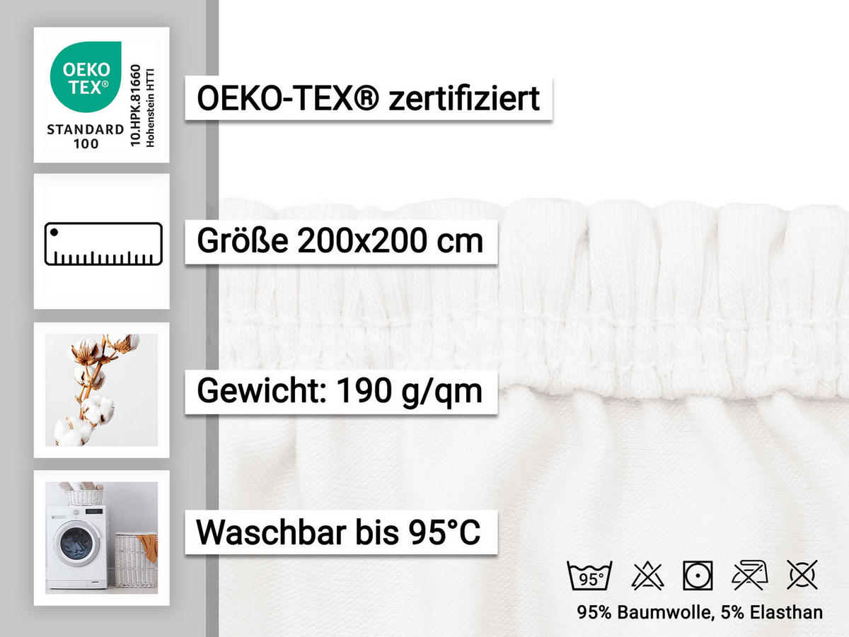 SPANNBETTLAKEN, 200x200 cm, 95% Baumwolle, 5% Elastan, Weiß - Weiß, Textil (200/200cm) - Zollner