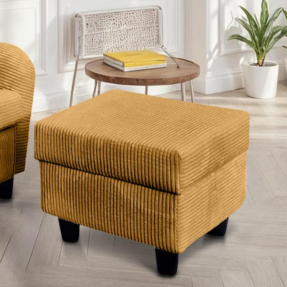 OHRENSESSEL mit HOCKER, hoher Sitzkomfort durch Wellenunterfederung B90/H98/T76 cm, Cord Gold Ockergelb / 18022 - Currygelb/Goldfarben, Holz/Textil (90/98/76cm) - luma-home