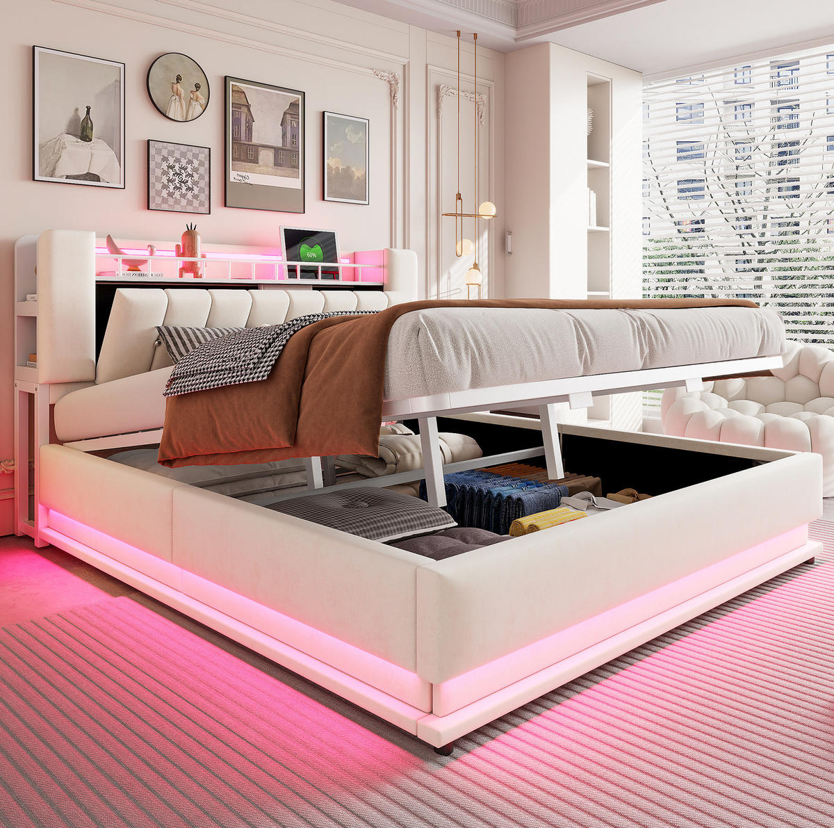 POLSTERBETT 180/200 cm aus Samt mit LED, USB und Stauraum Beige - Beige, Textil (180/200cm) - OKMYHOME