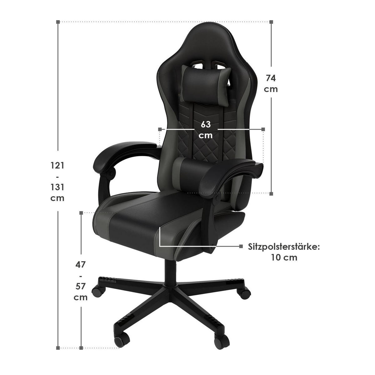 GAMINGSTUHL HyperSeat schwarz/dunkelgrau - Dunkelgrau, Kunststoff (63/131/121cm) - Juskys
