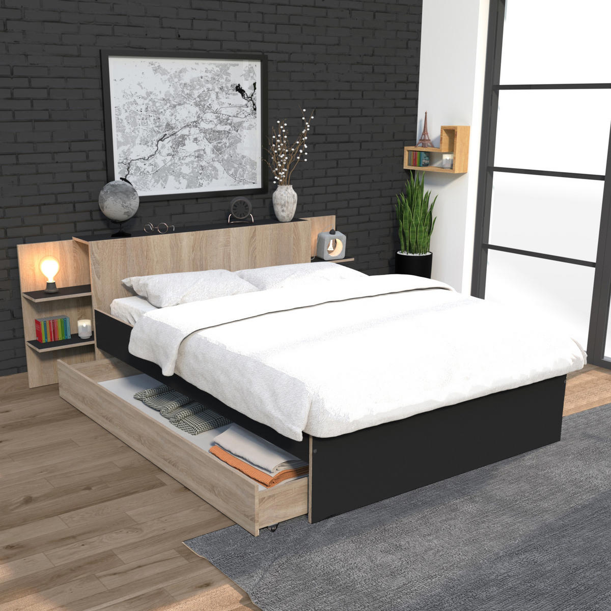 BETT CITY mit Kopfteil und Schublade/ Bett 140x190 - Schwarz & gebleichte Eiche Dekor - Schwarz/Sonoma Eiche, Holzwerkstoff (140/190cm) - Weber Industries