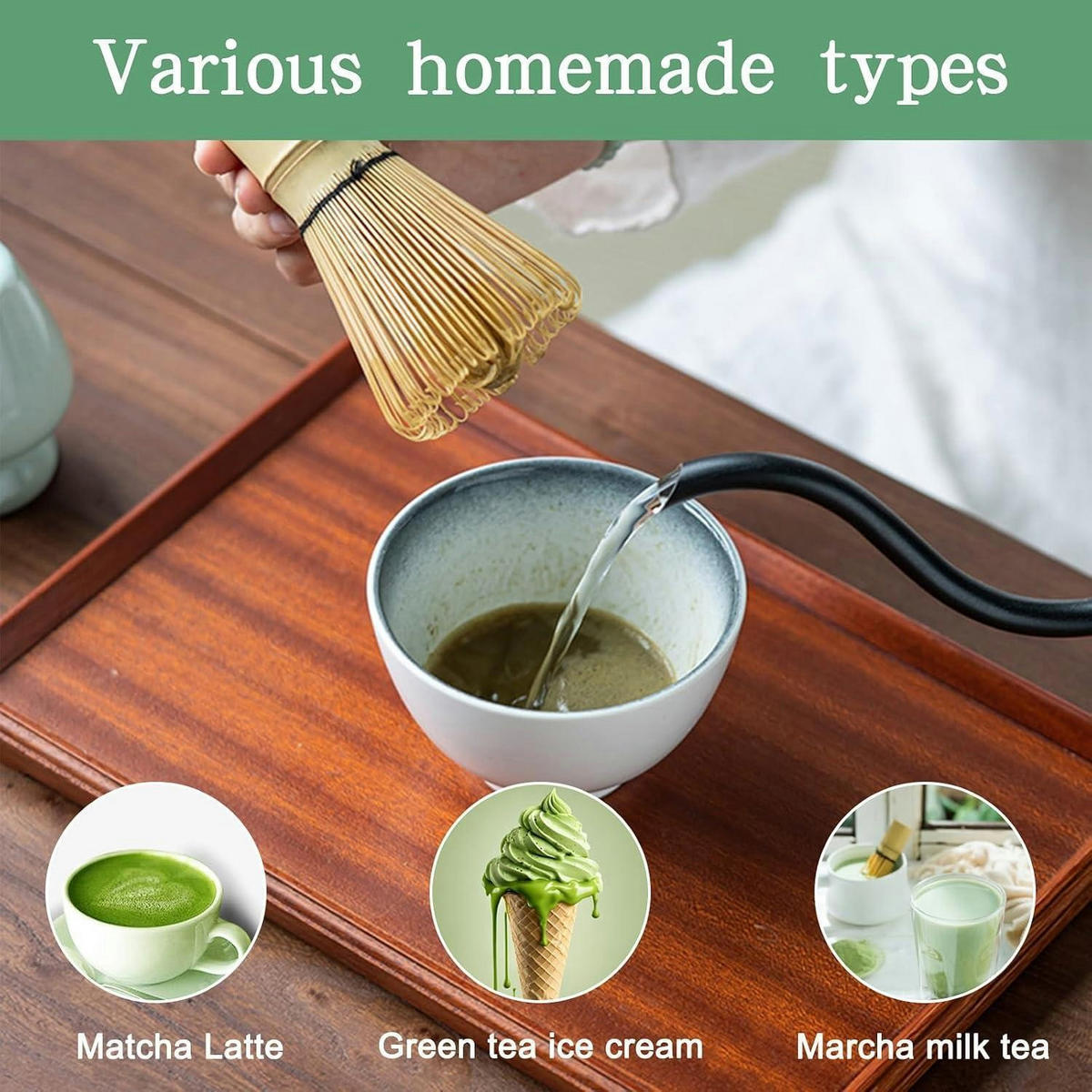 MATCHA Besen Set 4-teilig mit Löffeln und Halter cyanfarben - Türkis, Naturmaterialien (8/1.5/20cm)
