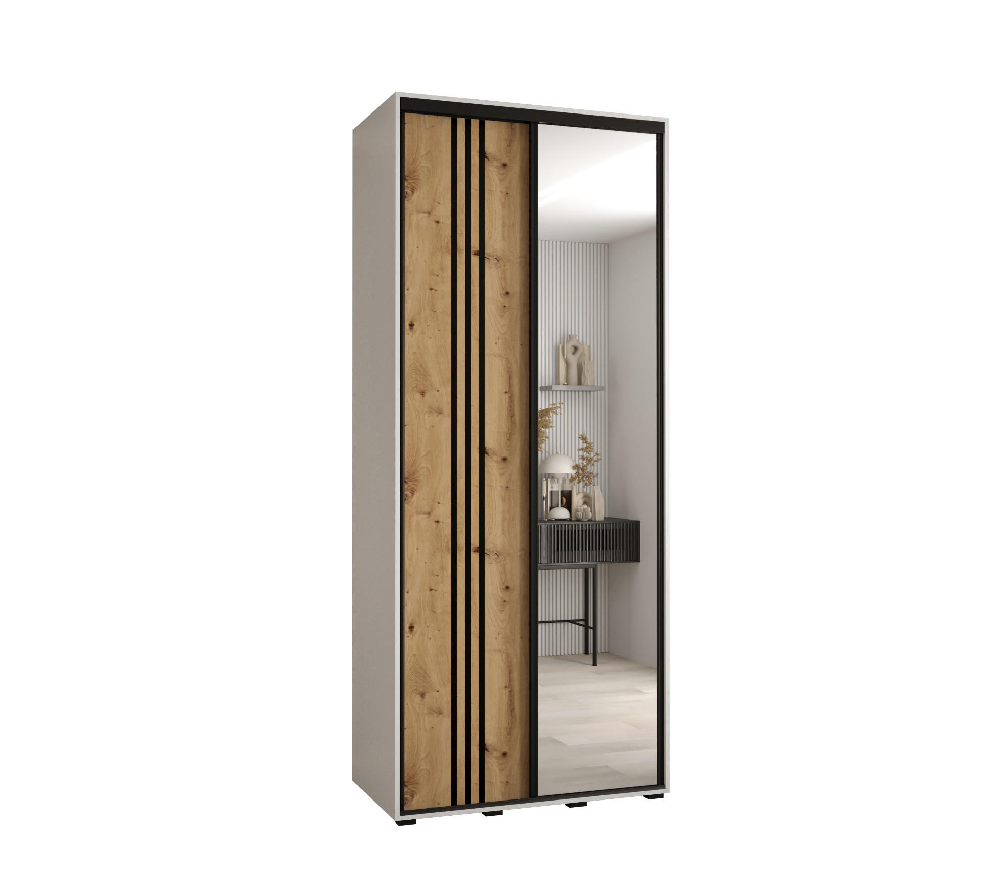 Abiks Möbel Schwebetürenschrank Weiß, Eiche Artisan, Schwarz 120x235x60 cm