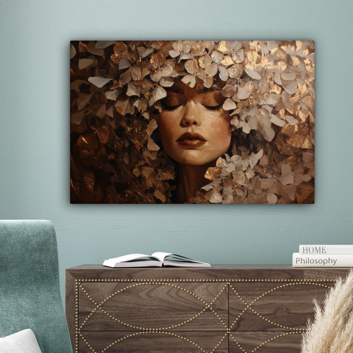 LEINWANDBILD Gesicht - Dame - Blätter - Pinselstriche Wanddeko 90x60 cm - Goldfarben, Textil (90/60cm) - MuchoWow