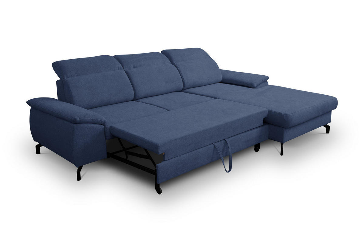 ECKSOFA MALIBU mit Schlaffunktion und Bettkasten, Farbe: Blau , Velourstoff, Ottomane Rechts - Blau, Textil (276/184cm) - VENASI MÖBEL