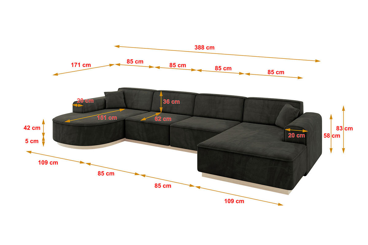 WOHNLANDSCHAFT ARRIO-U2 303x171x83 cm Schwarz - Schwarz, Holzwerkstoff/Textil (388/83/171cm) - ALTDECOR