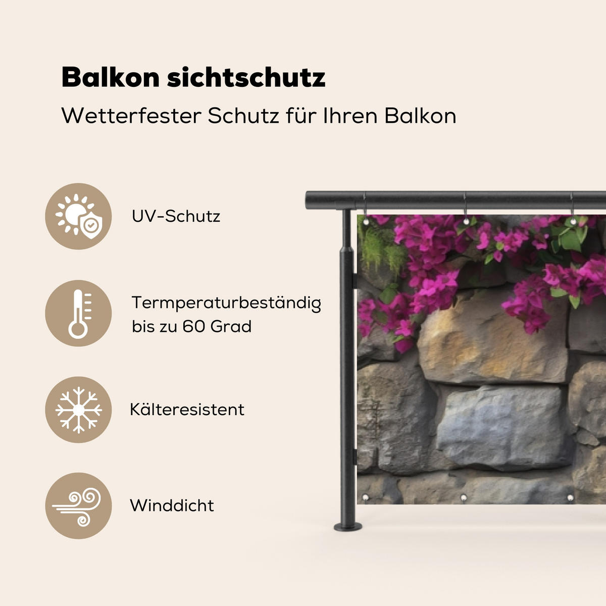 BALKON-SICHTSCHUTZ Bougainvillea - Steinmauer - Rosa - Magenta, Kunststoff (500/90cm) - MuchoWow