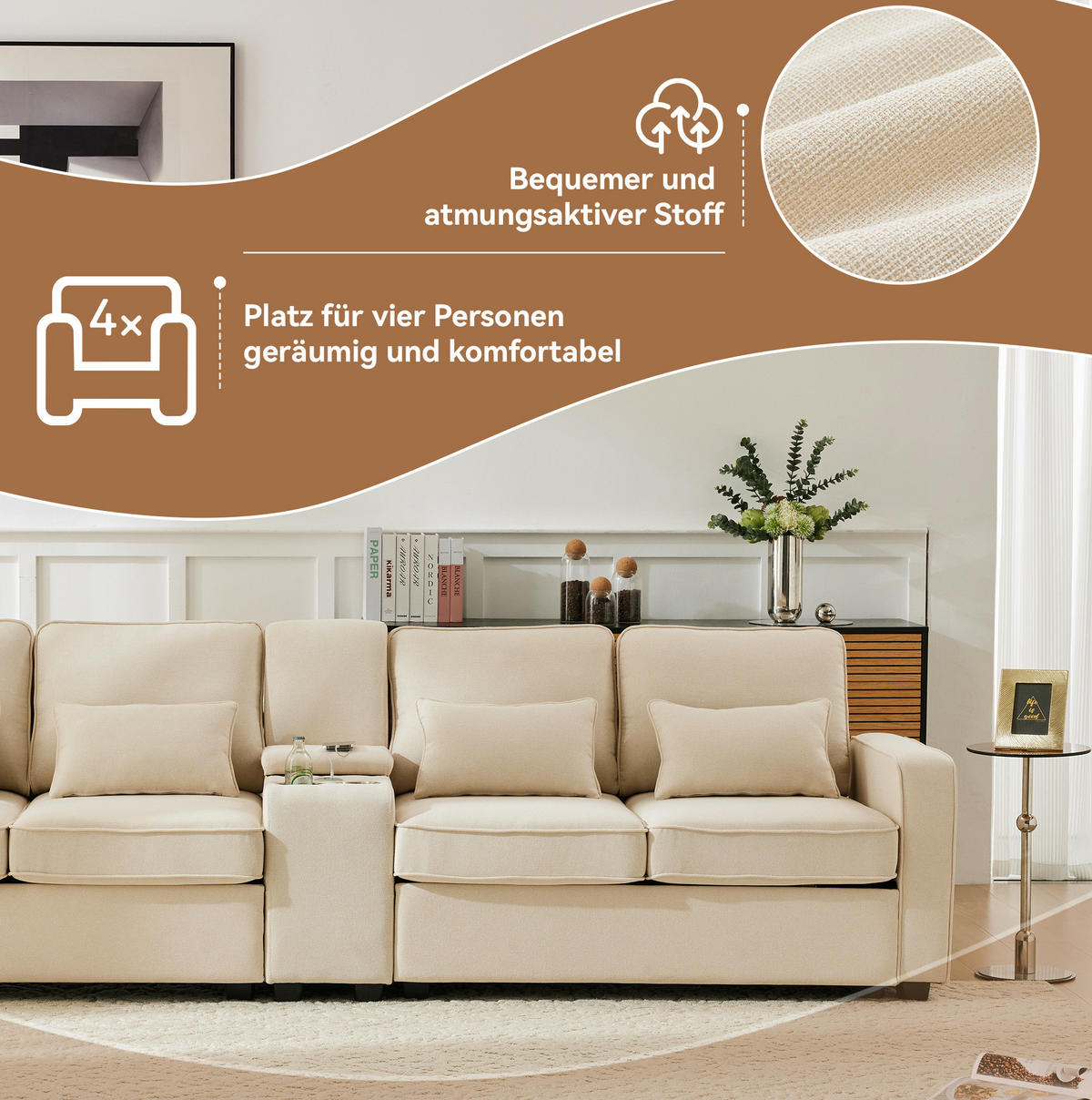 4-SITZER Sofa 290/88/83 cm Beige aus Leinen mit USB-Anschluss und Getränkehaltern - Beige, Textil (83/88/290cm) - OKMYHOME