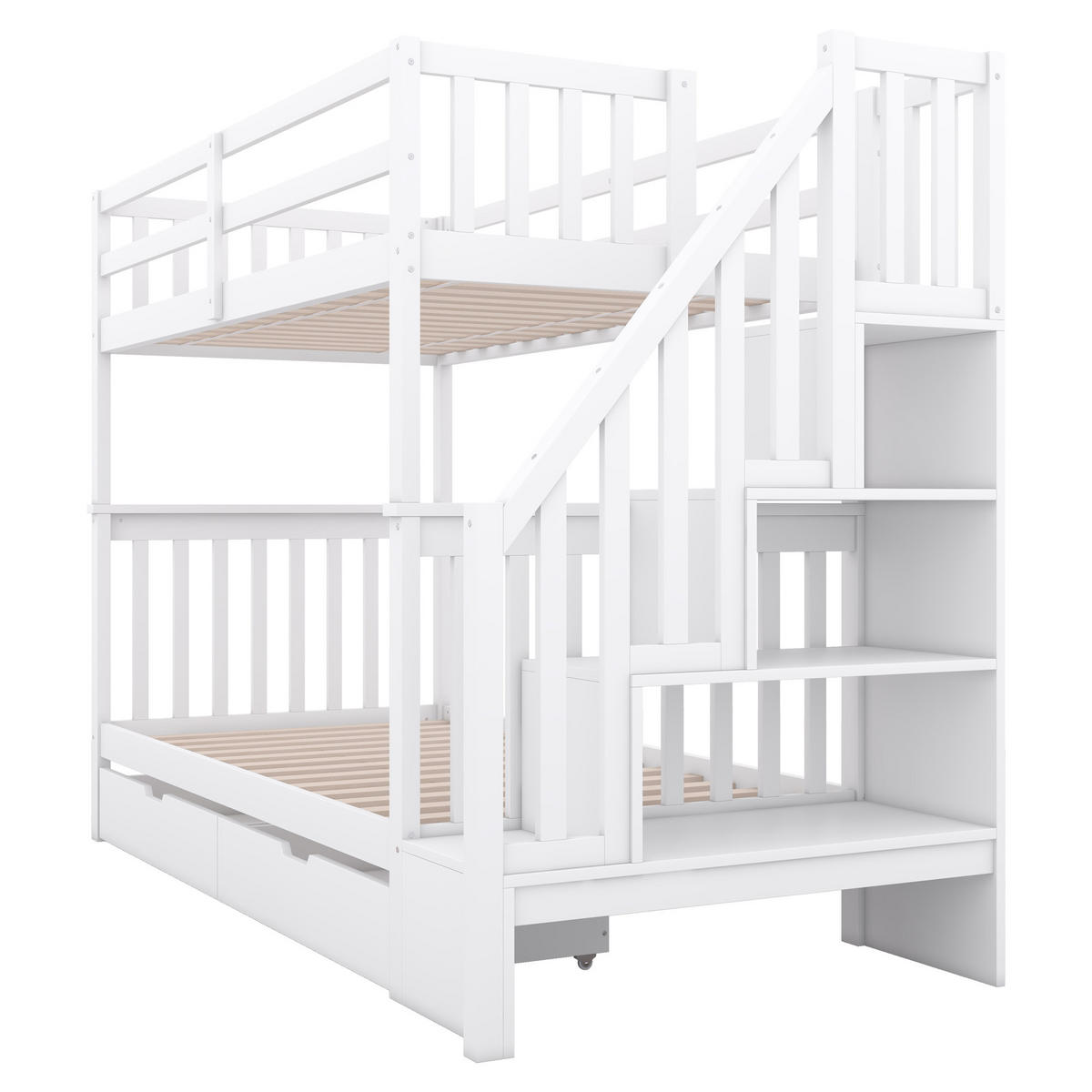 ETAGENBETTEN 90x200 cm, Kinderbett mit Treppenablage, 2 Schubladen & Schutzgittern, EN747-1, weiß - Weiß, Holz (90/200cm)