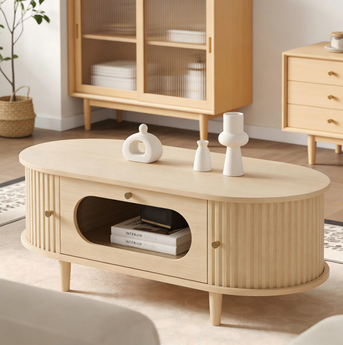 COUCHTISCH aus MDF 100x50x36 cm Eiche mit Schublade und Rollladentüren - Eichefarben, Holzwerkstoff (100/50/36cm) - IVMEU