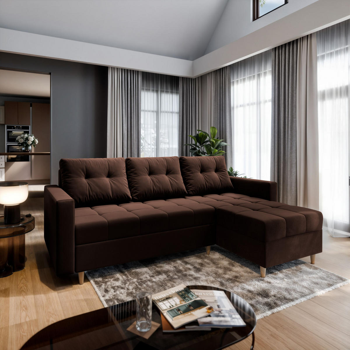 ECKSOFA MILO L Braun Plüsch-Stoff mit Schlaffunktion - Braun, Holz (220/140cm) - MASSENO