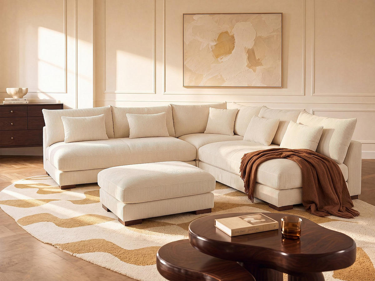 SOFA - 7 Personen - samt - beige Sperone - Beige, Holz/Textil (275/85/275cm) - Vente-Unique
