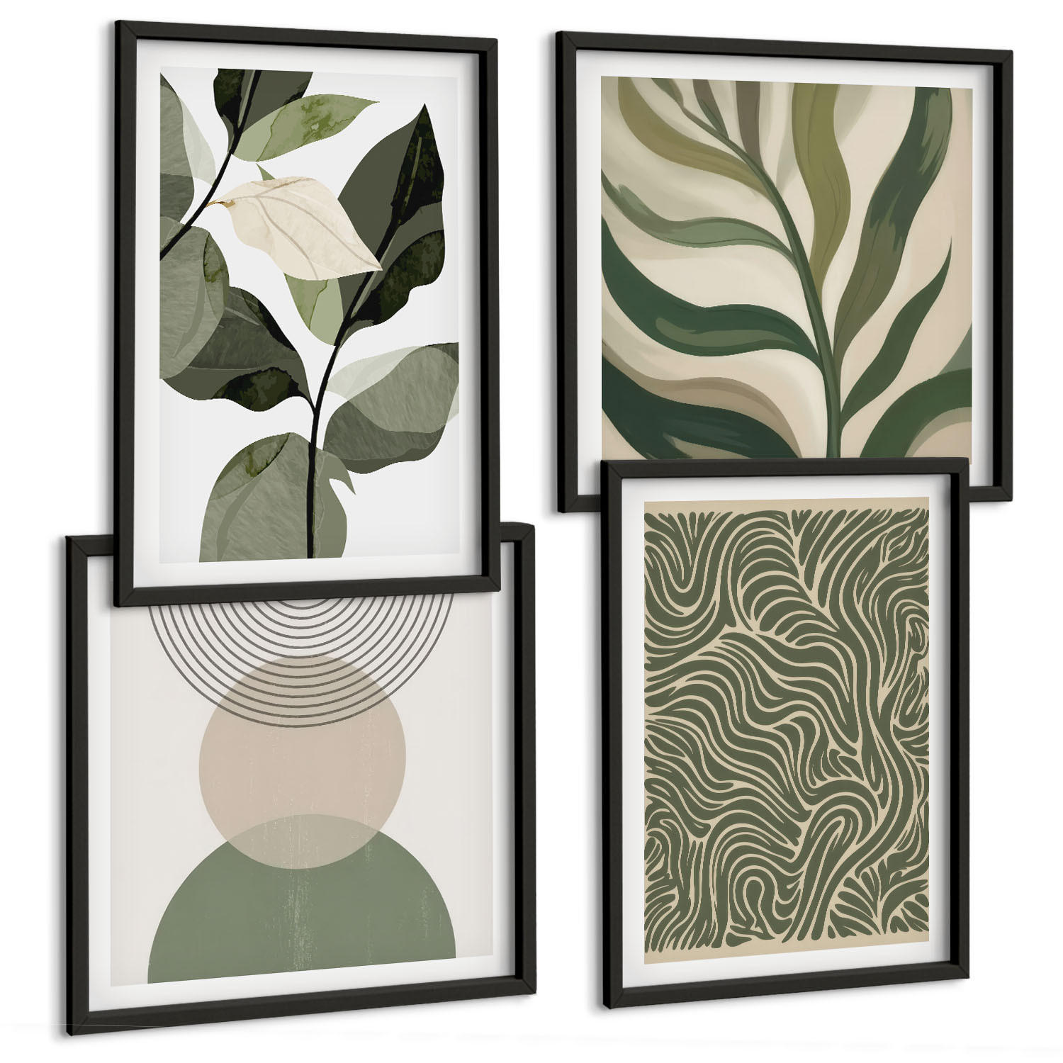 BILDER SET 4er Set - 50x50 cm & 40x60 cm Schwarzer Rahmen - Blätter geometrische Formen abstrakt - Schwarz, Kunststoff (50/50cm) - TULUP
