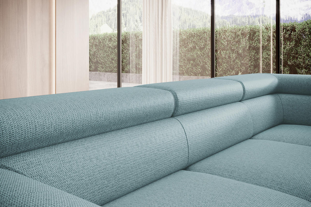 ECKSOFA RAVEN L mit Schlaffunktion und Bettkasten, Freistehend, Polstersofa mit Verstellbaren Kopfstützen, 257x198x96 cm, Linke, Hellblau - Hellblau, Holz/Textil (198/256cm) - DomoHome