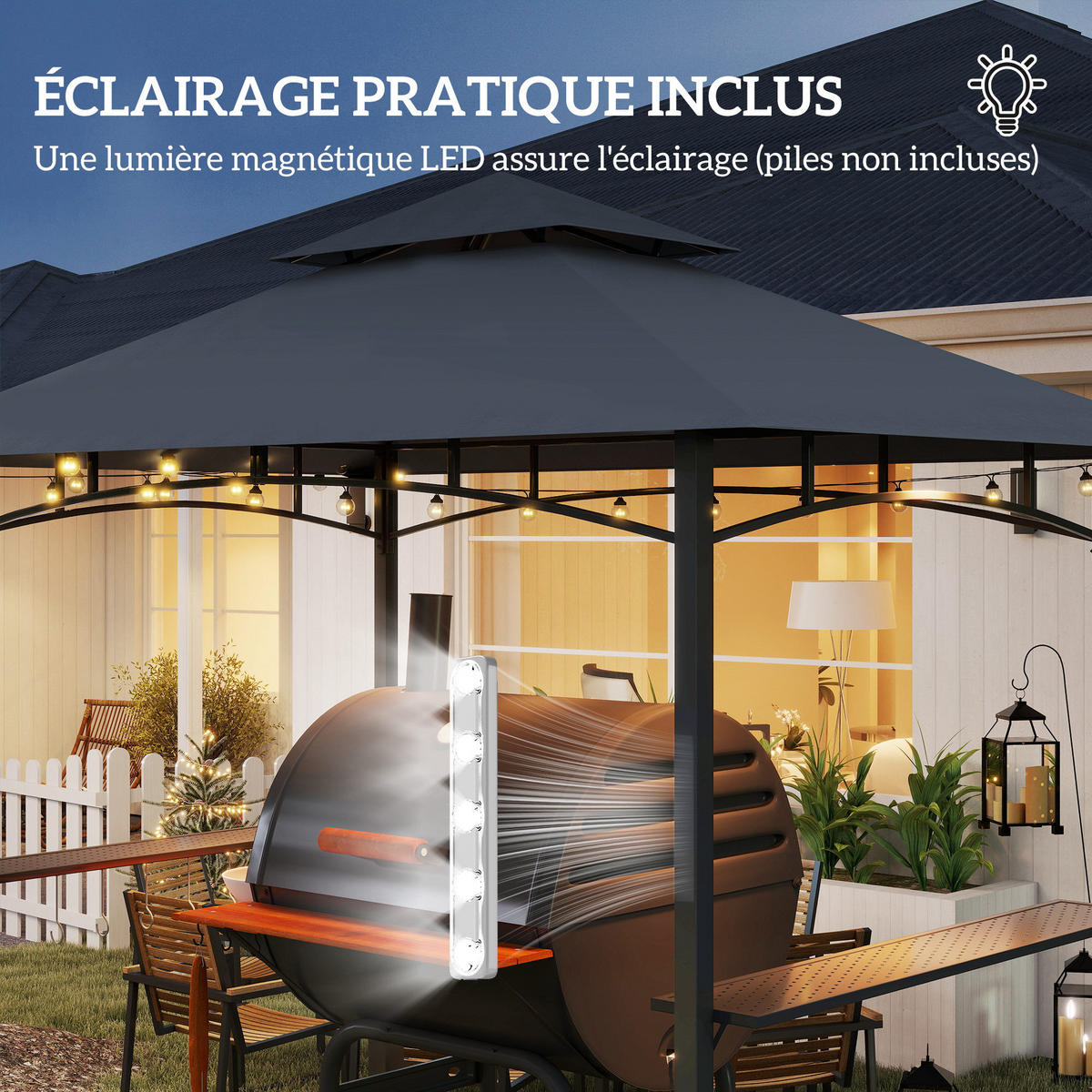 GRILLPAVILLON DE-12649 240/150/250 cm LED, 2 Regale, 8 Haken Dunkelgrau - Dunkelgrau, Metall (375.92/629.92/617.22cm) - ComfortXL