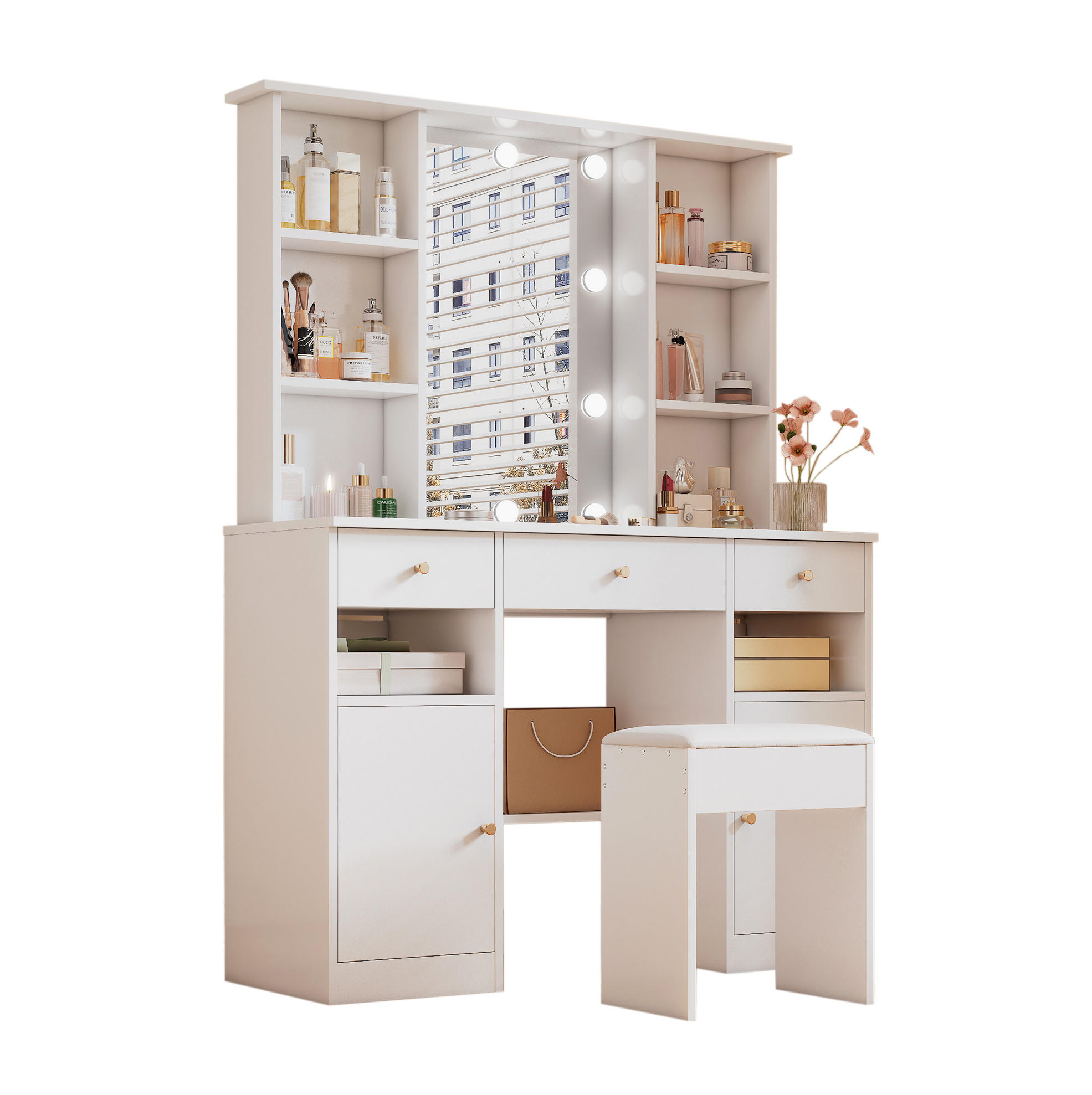 SCHMINKTISCH 110/40/151 cm in Weiß mit LED-Beleuchtung und viel Stauraum - Weiß, Holzwerkstoff (40/151/110cm) - Flora Grace