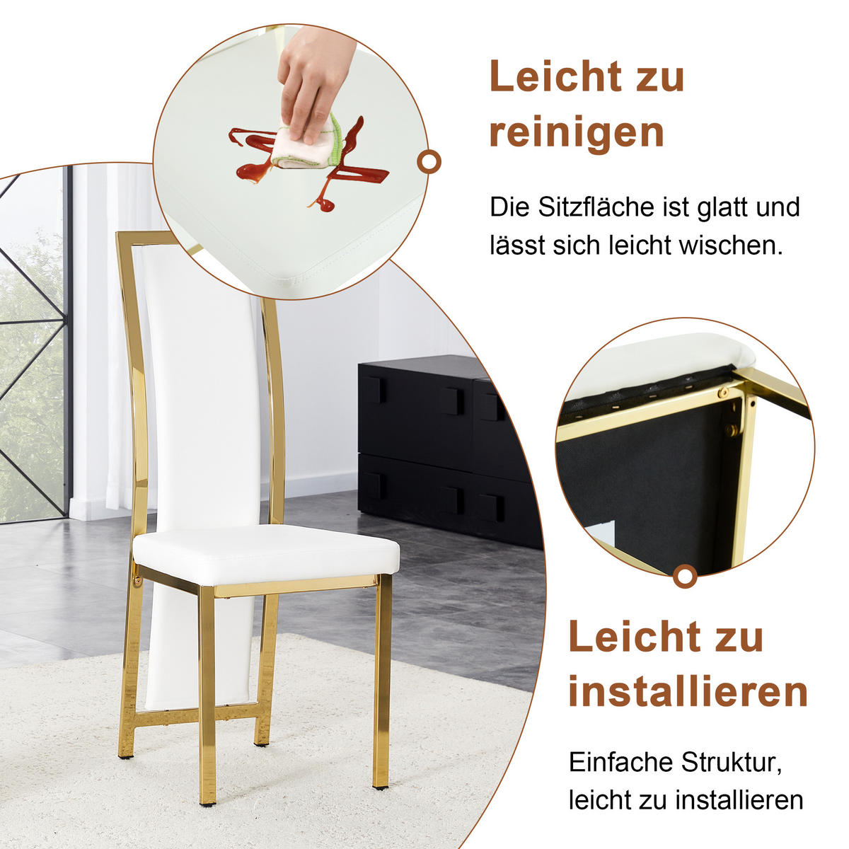 ESSGRUPPE DE-39460 5-teilig, Glastisch und 4 Stühlen mit Goldkante Weiß - Goldfarben/Weiß, Metall (88/75/88cm) - ComfortXL