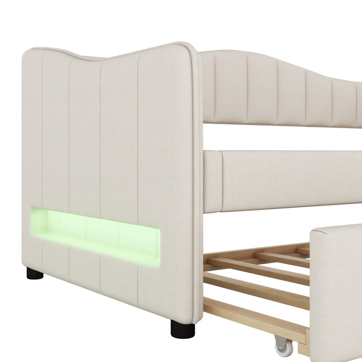 DNEVNA postelja iz lana in MDF 90x200 cm bež z izvlečnim ležiščem in LED osvetlitvijo - bež, tekstil (90/200cm) - Modfu