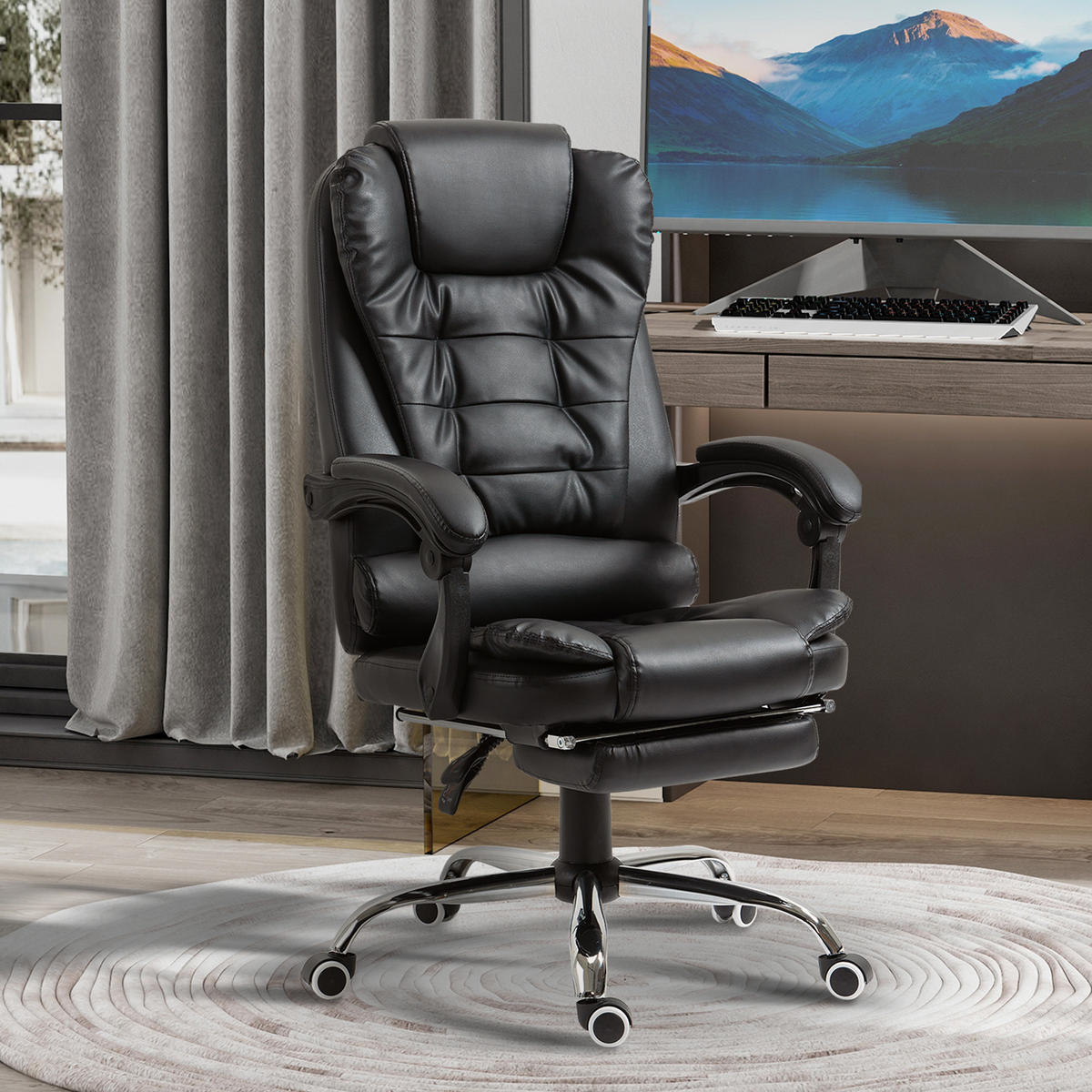 CHEFSESSEL Bürostuhl mit Fußstütze, Schreibtischstuhl mit Neigefunktion Schwarz - Schwarz, Kunststoff (64.5/117/69cm) - HOMCOM