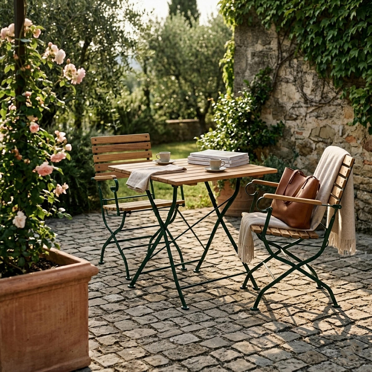 SITZGRUPPE Bad Belzig - 3-teilig, Gartenmöbel Set Flachstahl verzinkt dunkelgrün + Robinie - Grün, Holz - TPFGarden