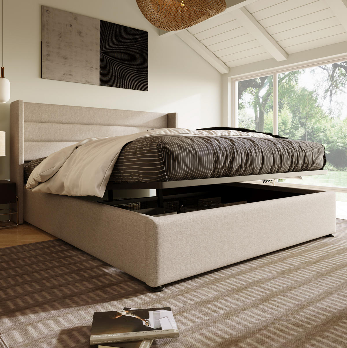POLSTERBETT 180/200 cm Beige aus Leinen mit Stauraum - Beige, Textil (180/200cm) - OKMYHOME