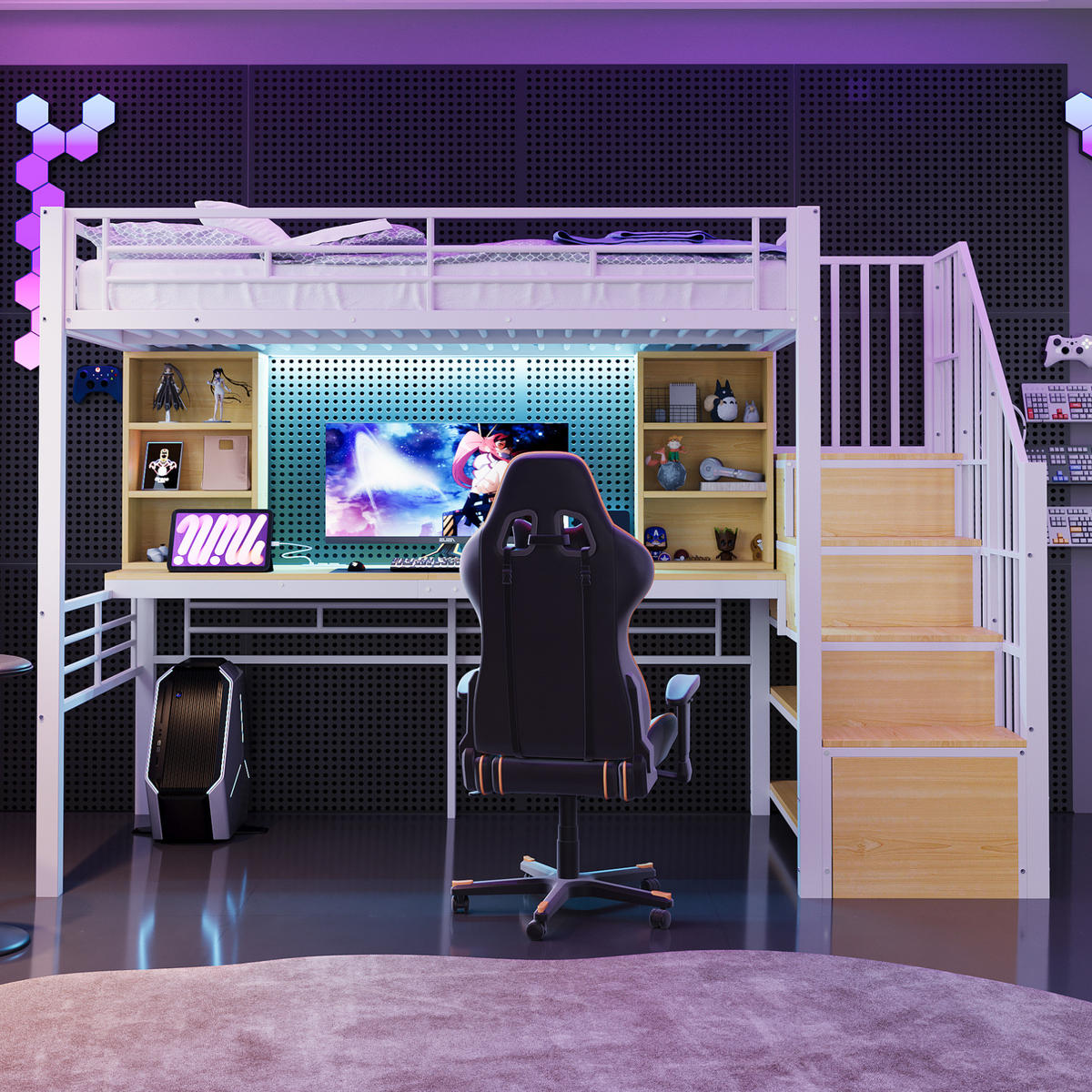 PATROVÁ postel 90/200 cm bílá z MDF, kovu a překližky s pracovní deskou a LED osvětlením - bílá, kompozitní dřevo (90/200cm) - OKWISH