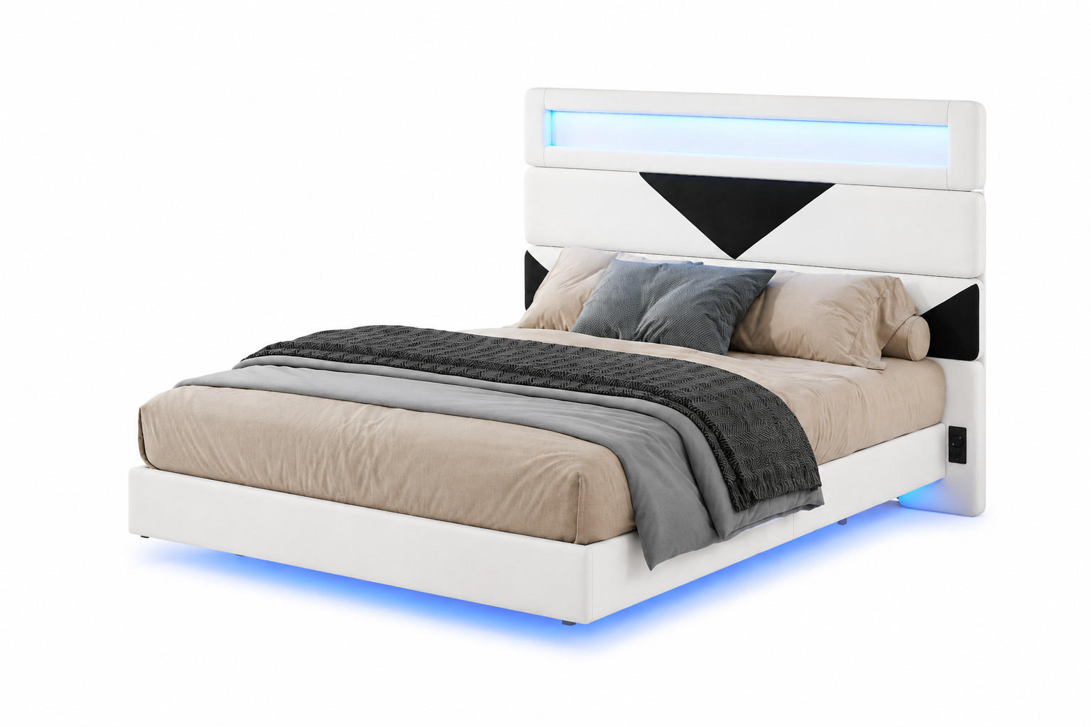 POLSTERBETT 160/200 cm mit geometrischem Kopfteil, RGB-LED-Beleuchtung am Kopfteil und unter dem Bett, USB-Anschluss - Schwarz, Holz/Metall (160/200cm) - Joyfair