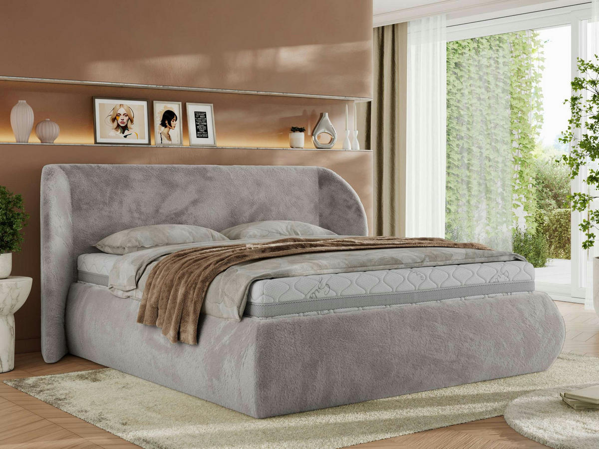 POLSTERBETT CAELA CLASSIC 180/200 - Hellgrau Plüsch - Schaum-Matratze - Hellgrau, Textil (180/200cm) - MKS