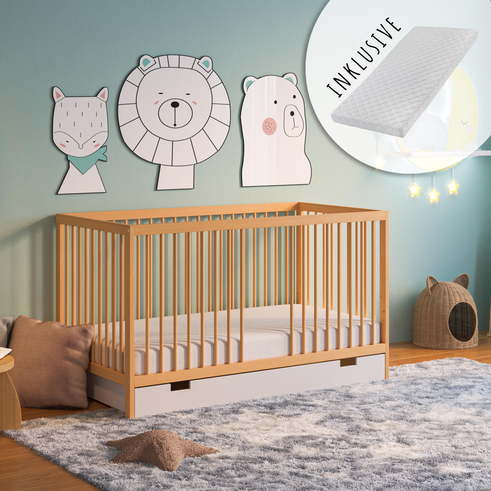 BABYBETT mit Schublade und Matratze 60x120 cm in Natur - Naturfarben, Holz (60/120cm) - Kids Collective