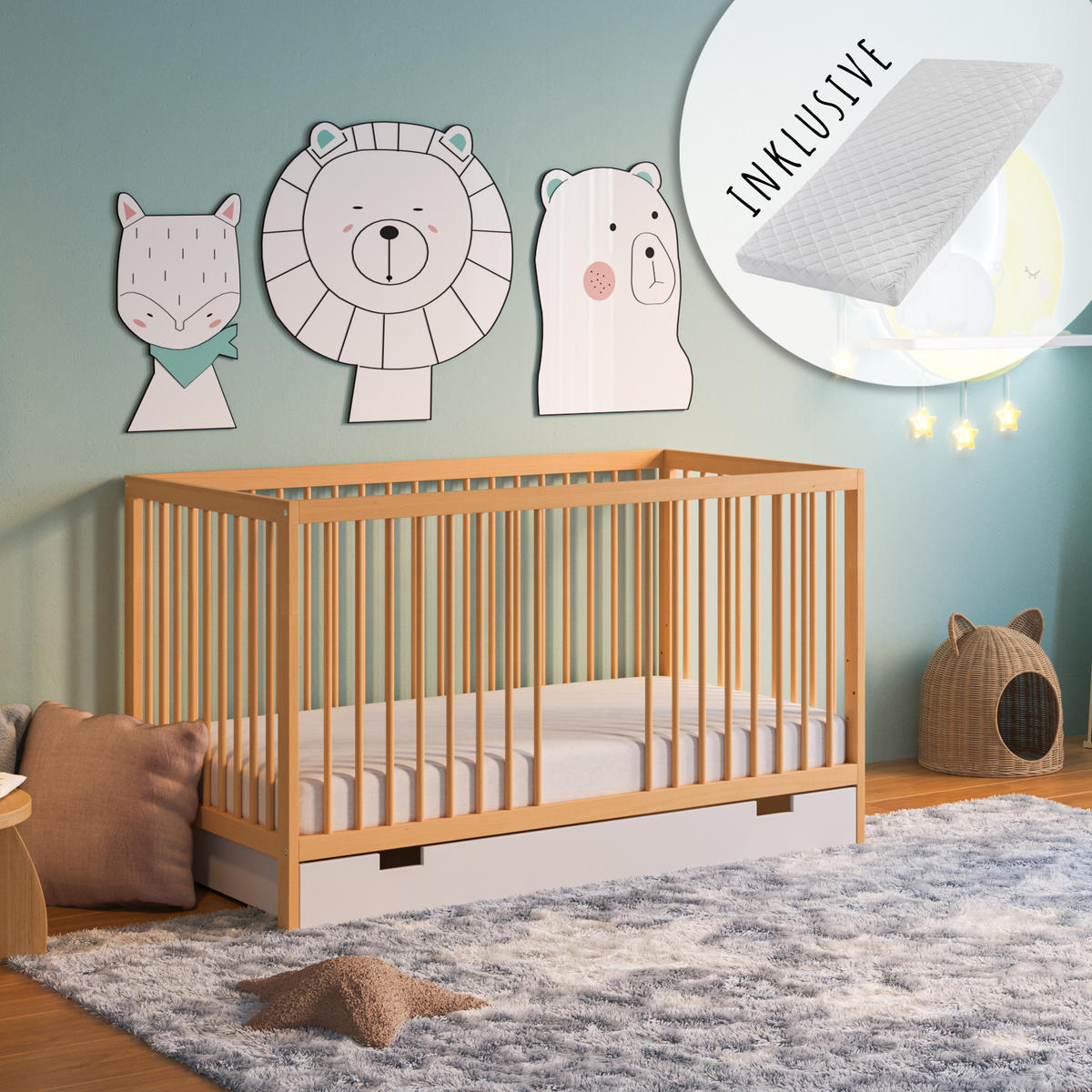 BABYBETT mit Schublade und Matratze 60x120 cm in Natur - Naturfarben, Holz (60/120cm) - Kids Collective