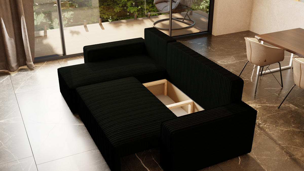 ECKSOFA Tobi mit Bettkasten und Schlaffunktion, L-Form/XL-Form, Cordstoff, Universal - Schwarz, Holzwerkstoff (246/145cm) - 4ALL HOME