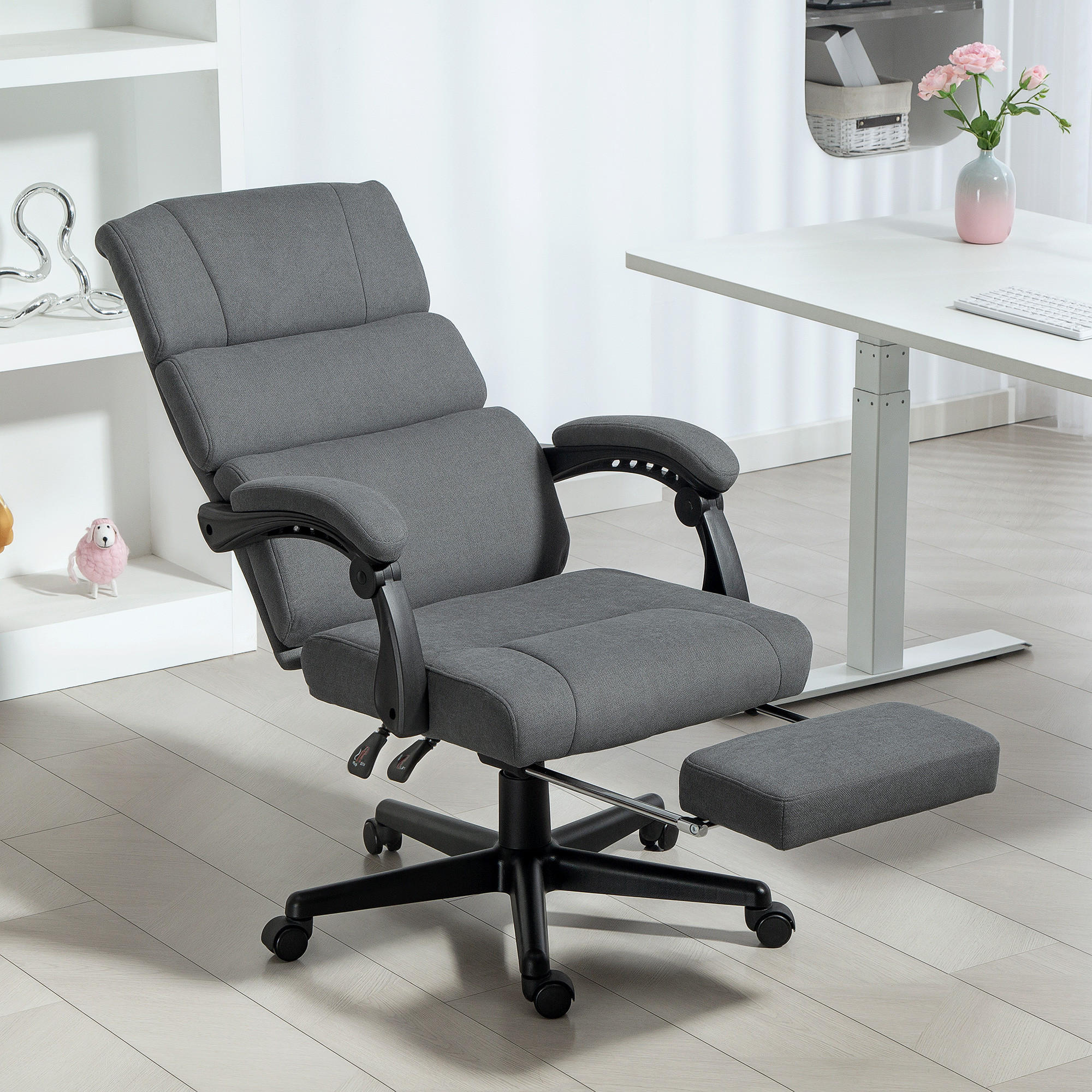 BÜROSTUHL, Ergonomischer Schreibtischstuhl mit Samt-Optik Fußstütze Dunkelgrau - Dunkelgrau, Textil (56/115/68.5cm) - HOMCOM