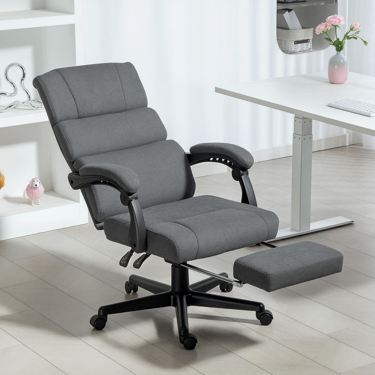 BÜROSTUHL, Ergonomischer Schreibtischstuhl mit Kopfkissen Lendenkissen Fußstütze - Dunkelgrau, Textil (56/115/68.5cm) - HOMCOM