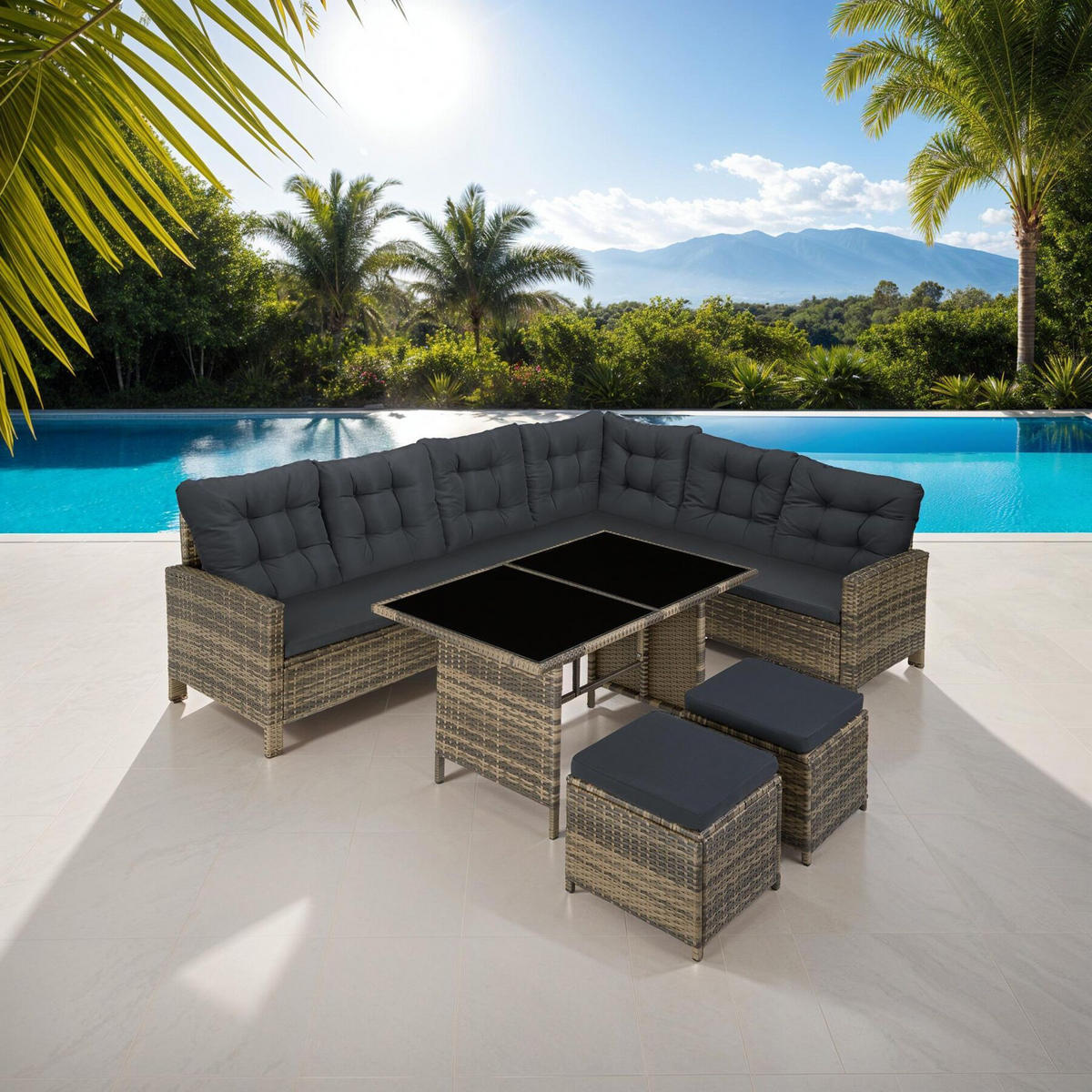 RATTANLOUNGE Barletta,mit Sicherheitsglasplatten,natur - Naturfarben, Kunststoff - tectake