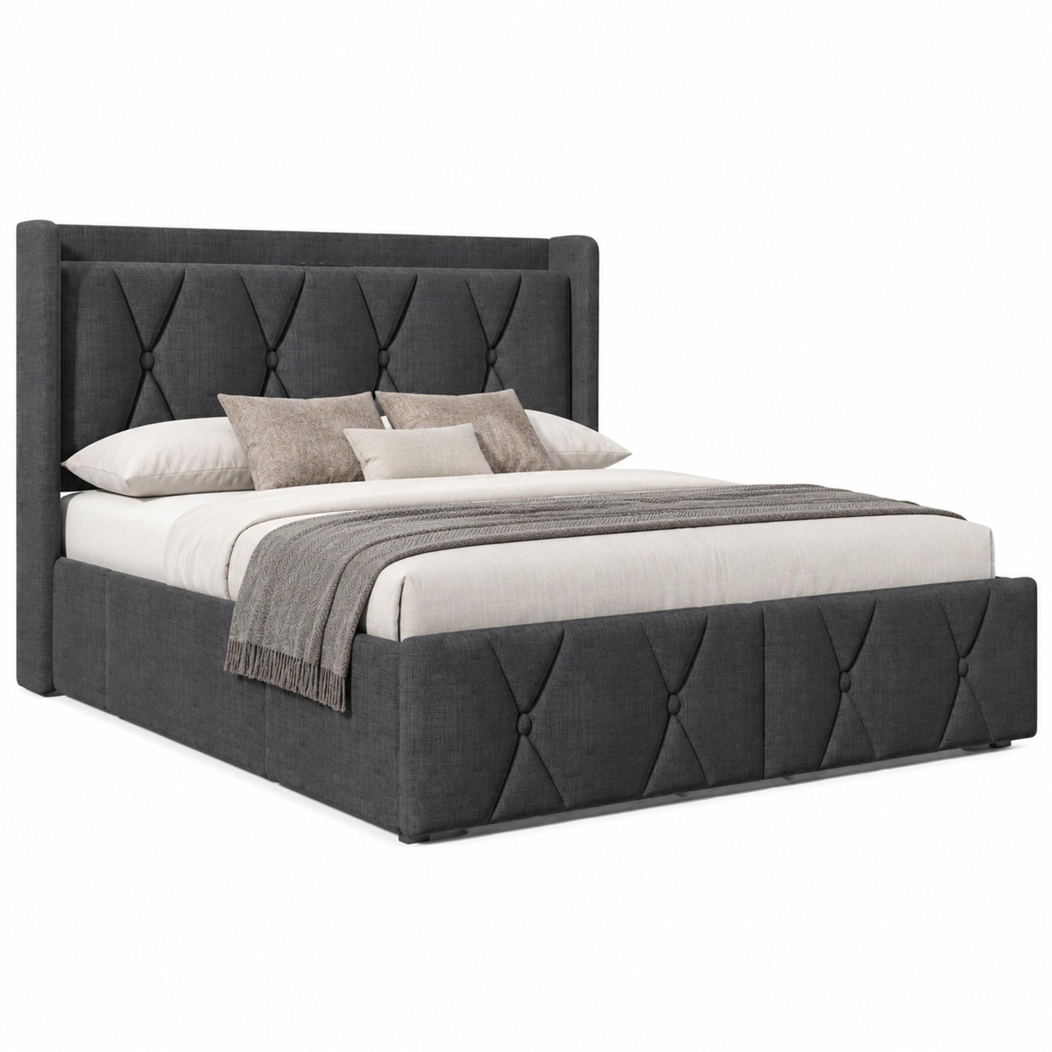 BETT mit USB und 4 Schubladen 140x200 cm Leinen Grau inkl. Matratze - Grau, Metall (140/200cm) - Meubliv