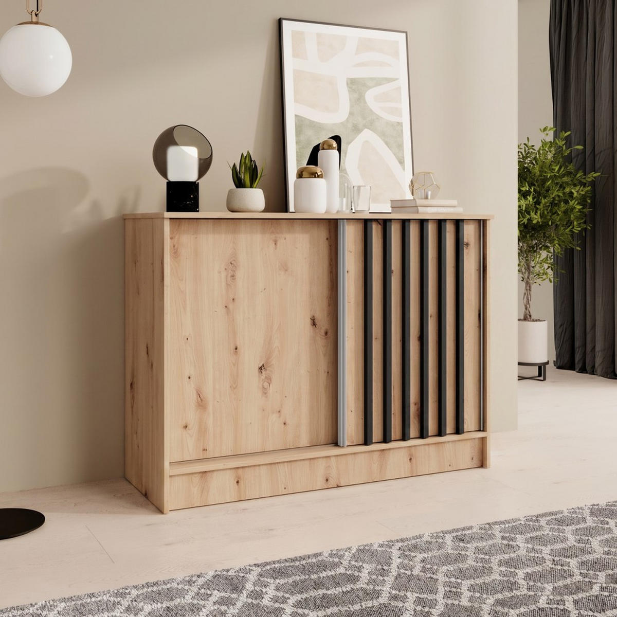 KOMODA Horizon se 2 posuvnými dveřmi, dub Artisan, 100 cm - dub artisan, kompozitní dřevo (101/85/43.5cm) - Beautysofa