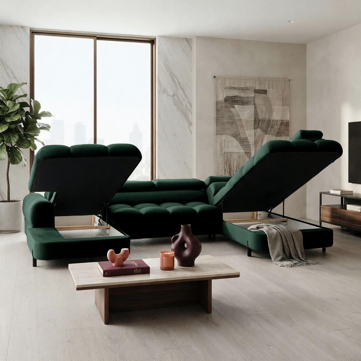 ECKSOFA U-Form BOWL U Rechts mit Schlaffunktion 125x265 Velours Grün - Schwarz/Grün, Holz/Textil (195/90/339cm) - Muffo